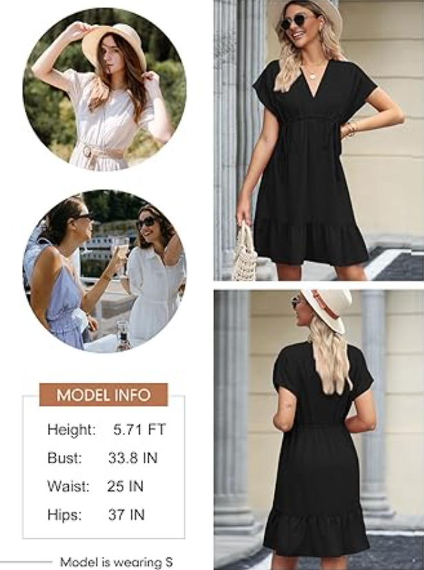 Dokotoo Womens Summer Dresses 2024 Short Sleeve V-Neck Drawstring Casual Dress L
