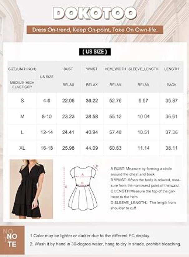 Dokotoo Womens Summer Dresses 2024 Short Sleeve V-Neck Drawstring Casual Dress L