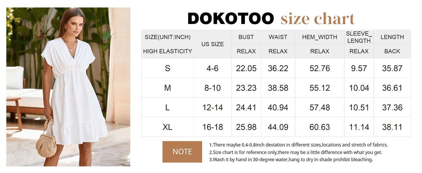 Dokotoo Womens Summer Dresses 2024 Short Sleeve V-Neck Drawstring Casual Dress L