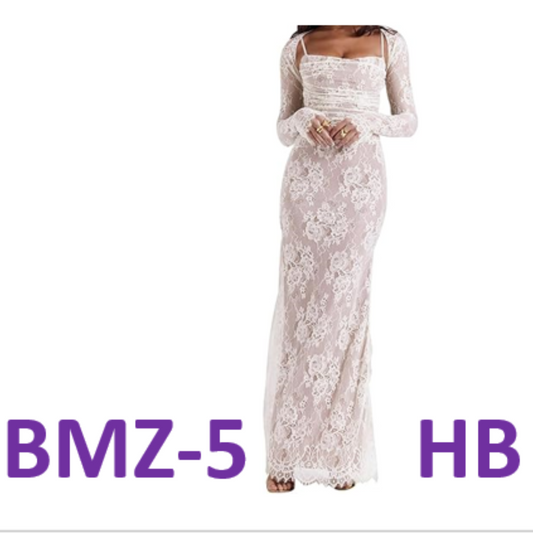 Women Vintage Cream Lace Maxi Dress Romantic Long Sleeves, Lace Bodycon Dress, M