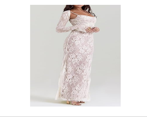 Women Vintage Cream Lace Maxi Dress Romantic Long Sleeves, Lace Bodycon Dress, M