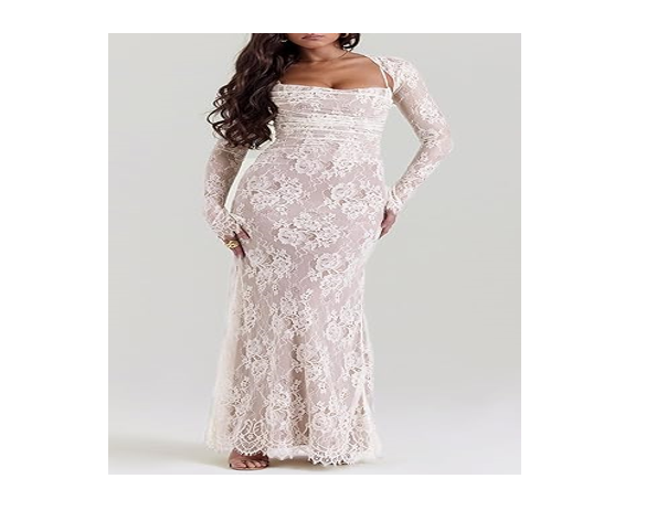 Women Vintage Cream Lace Maxi Dress Romantic Long Sleeves, Lace Bodycon Dress, M