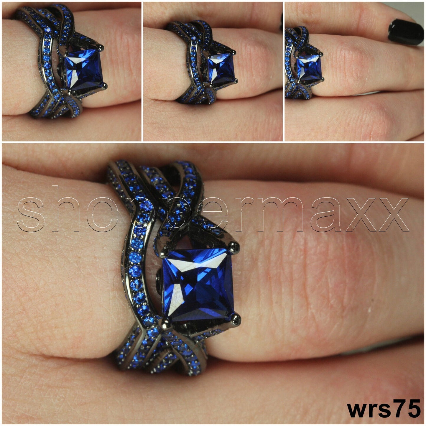 Womens Gothic Black & Blue CZ Sterling Silver Engagement Wedding Ring Set
