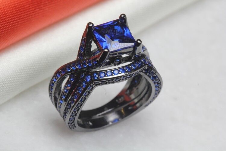 Womens Gothic Black & Blue CZ Sterling Silver Engagement Wedding Ring Set