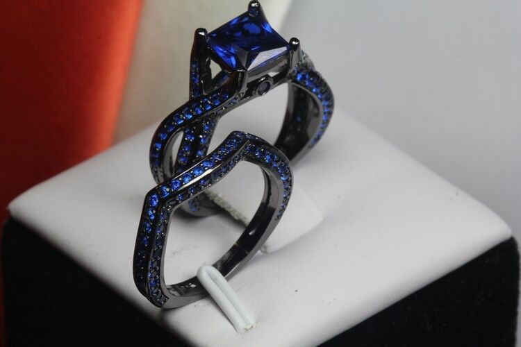 Womens Gothic Black & Blue CZ Sterling Silver Engagement Wedding Ring Set