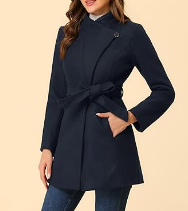 Allegra K Women's Classic Stand Collar Long Sleeve Winter Belted Long Coat Small