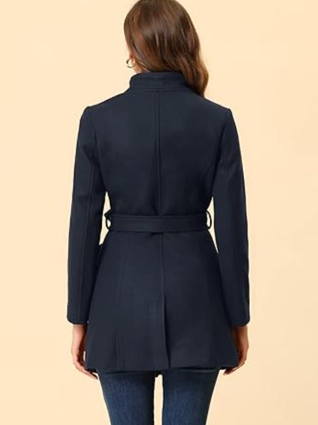 Allegra K Women's Classic Stand Collar Long Sleeve Winter Belted Long Coat Small