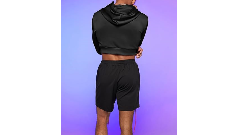 WDIRARA Men's Drawstring Long Sleeve Crop Hoodie Pullovers Sweatshirt,black, XXL