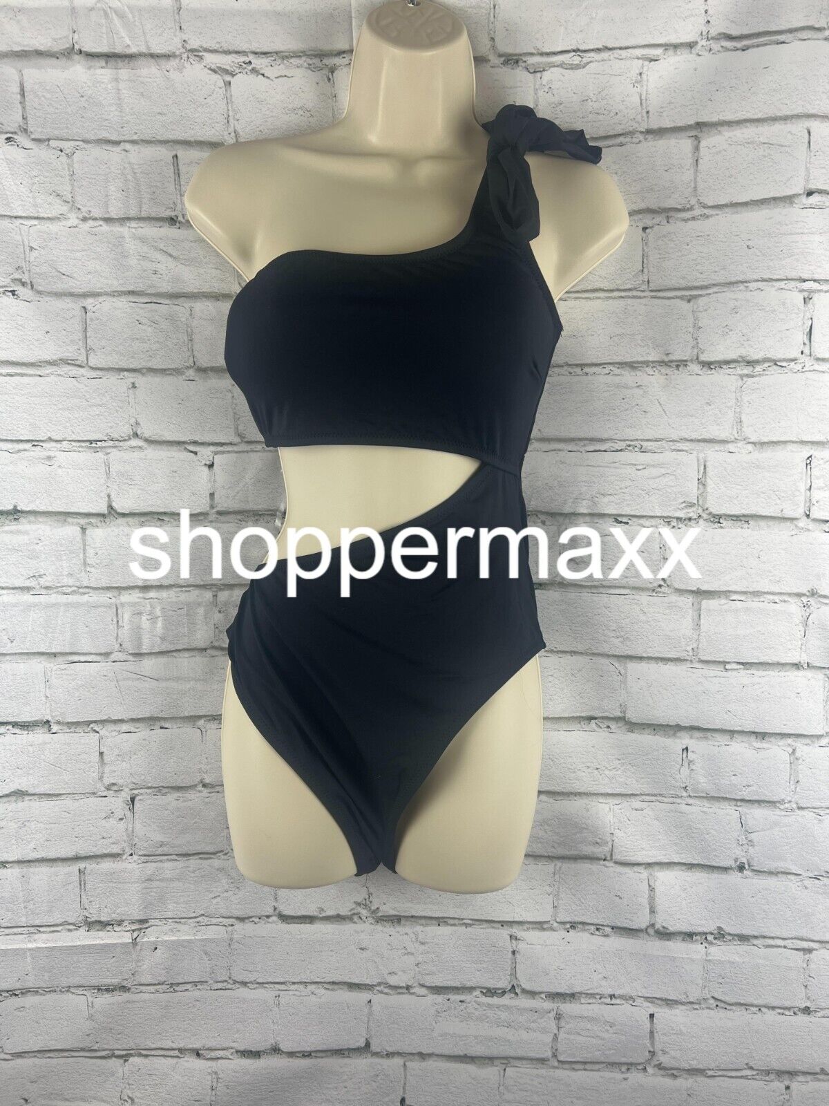 Women's One Shoulder Bow Cut Out One Piece Swimsuit - Shade & Shore, BLACK, XL
