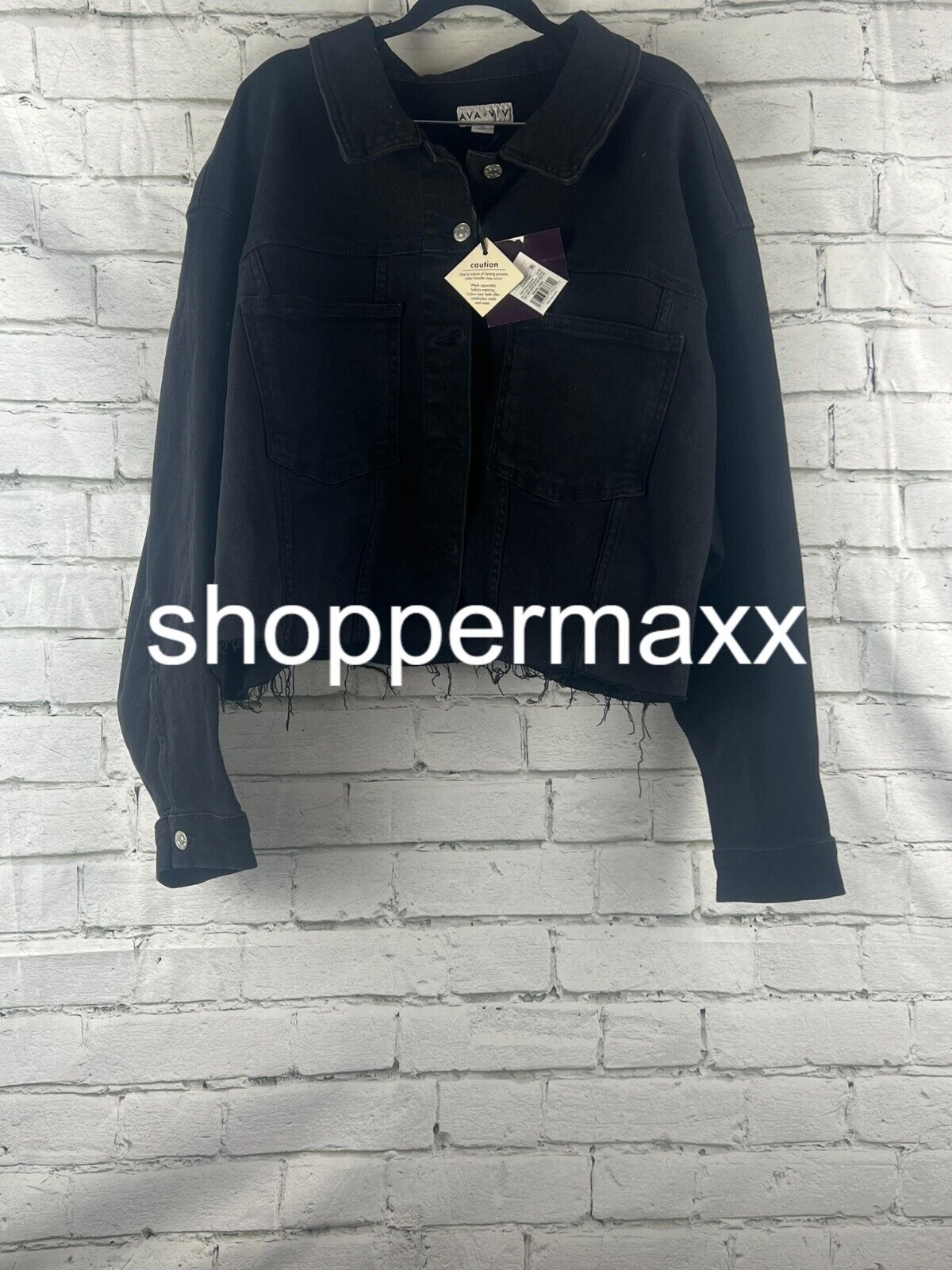 Women's Plus Size Cropped Denim Jacket - Ava & Viv, Black Denim, Size 3X