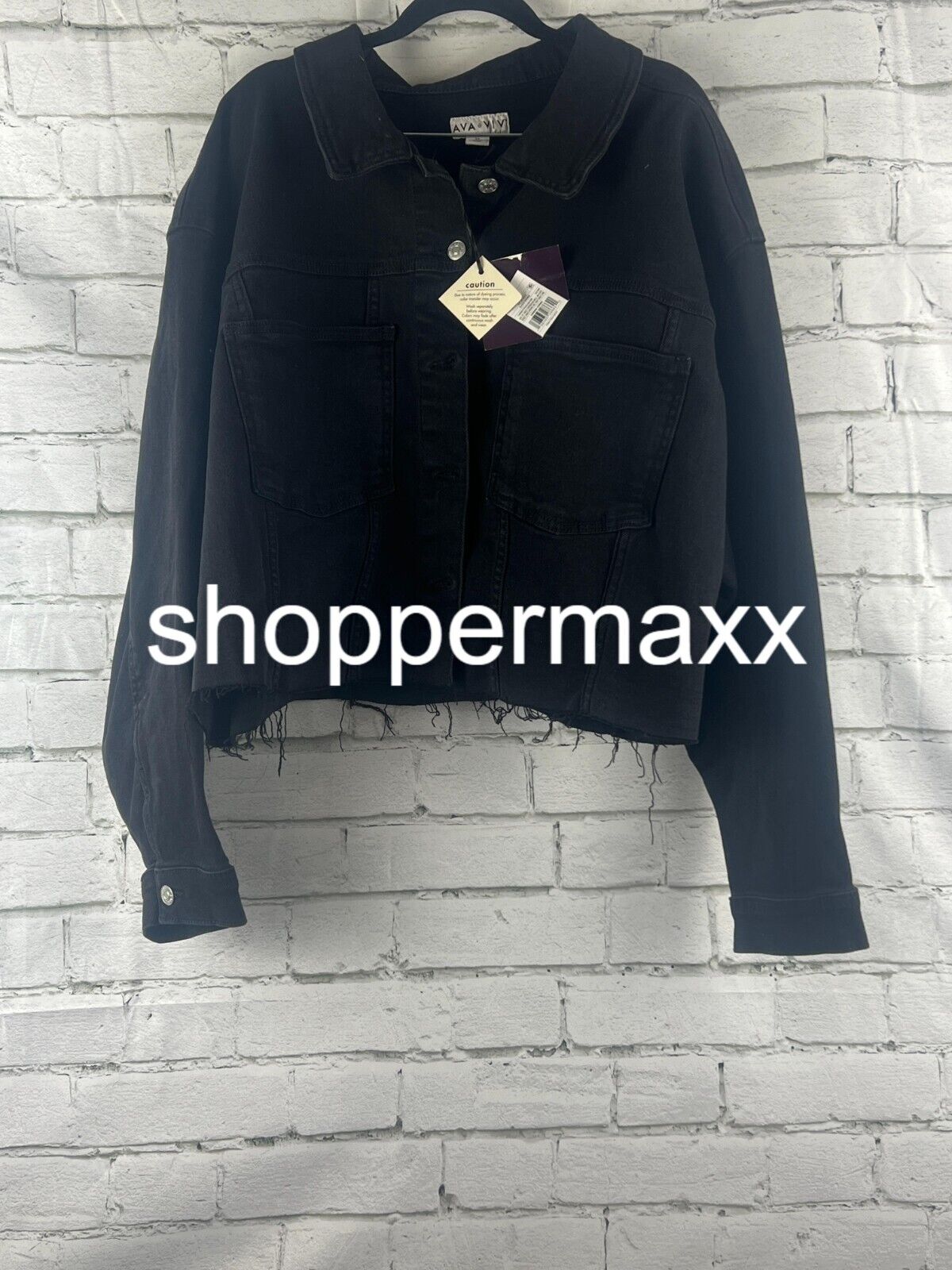 Women's Plus Size Cropped Denim Jacket - Ava & Viv, Black Denim, Size 3X
