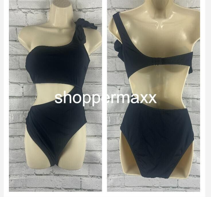 Women's One Shoulder Bow Cut Out One Piece Swimsuit - Shade & Shore, BLACK, XL