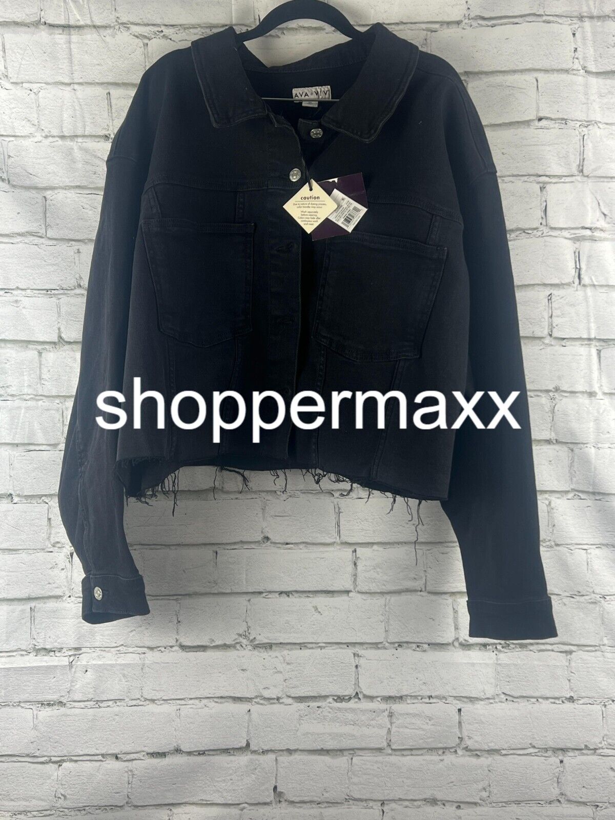 Women's Plus Size Cropped Denim Jacket - Ava & Viv, Black Denim, Size 3X