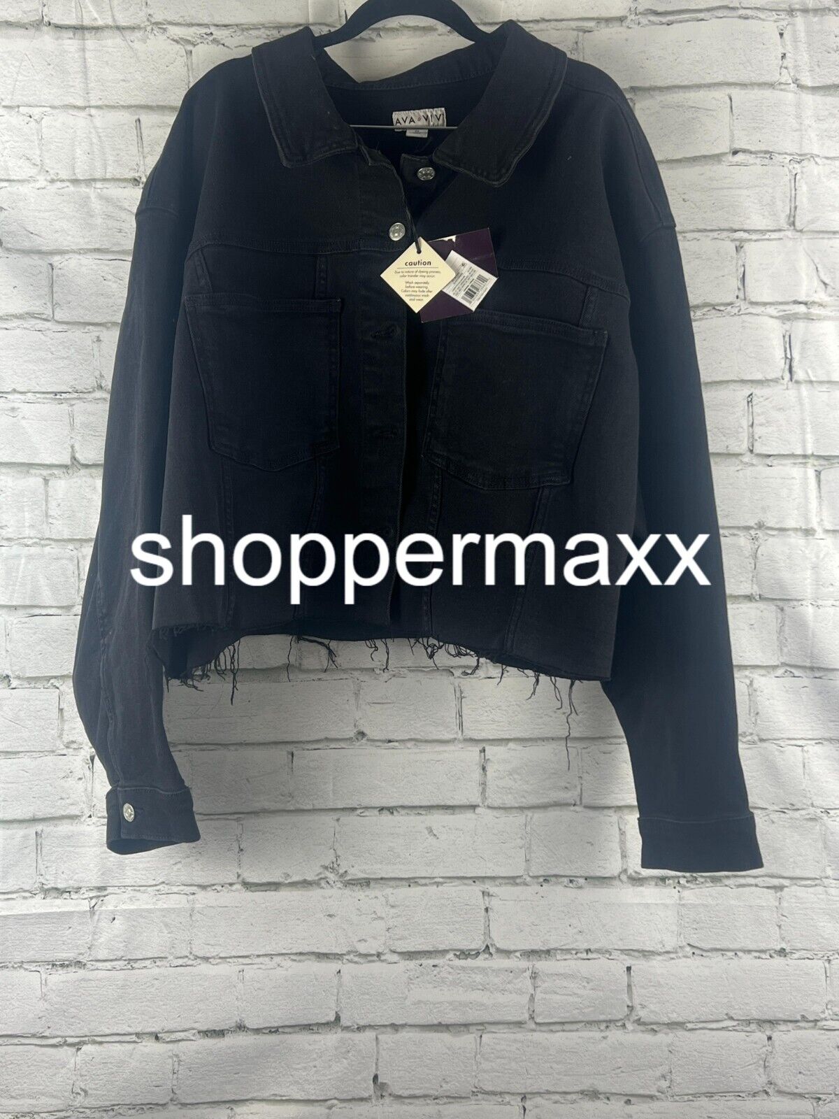Women's Plus Size Cropped Denim Jacket - Ava & Viv, Black Denim, Size 3X