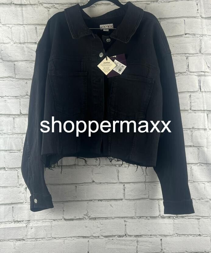 Women's Plus Size Cropped Denim Jacket - Ava & Viv, Black Denim, Size 3X