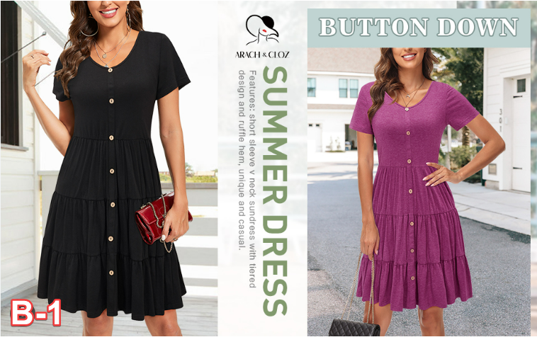 Arach&Cloz Women's Short Sleeve Summer Midi Dress  Casual Swing Button V Neck L