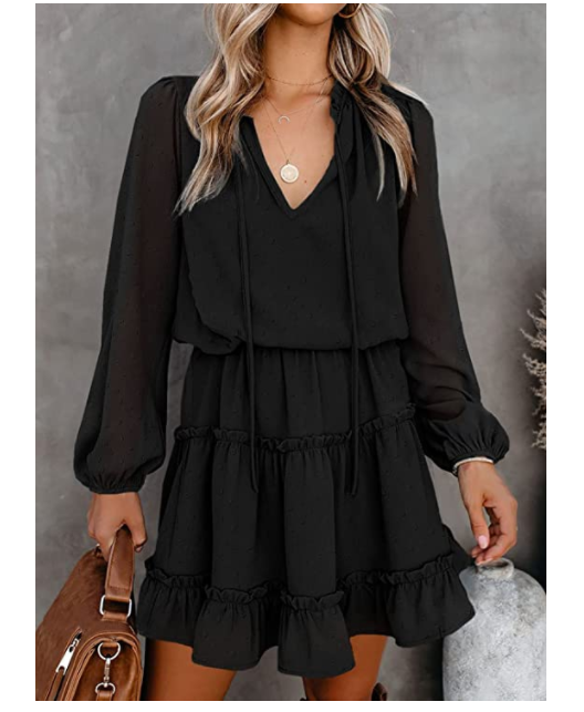 BTFBM Women Casual Fall Dresses Tie Dot Ruffle Tiered Solid Swing Mini Dress M