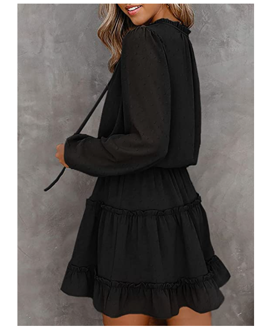 BTFBM Women Casual Fall Dresses Tie Dot Ruffle Tiered Solid Swing Mini Dress M