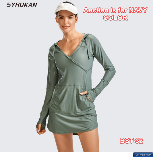 SYROKAN Womens UPF 50+ Beach Swimsuit Surf Rash Guard Hoodie Long Sleeve Navy 14