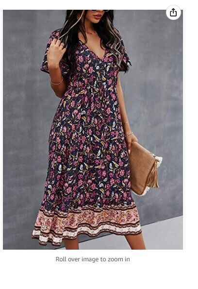 TEMOFON Women's Dress Summer Bohemian Floral Printed V-Neck Beach Maxi Dresses L