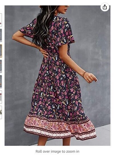 TEMOFON Women's Dress Summer Bohemian Floral Printed V-Neck Beach Maxi Dresses L