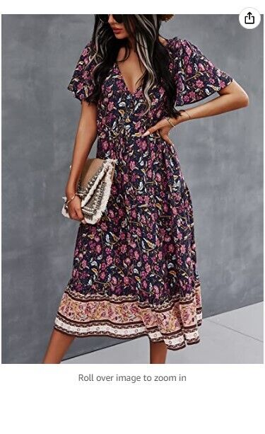 TEMOFON Women's Dress Summer Bohemian Floral Printed V-Neck Beach Maxi Dresses L