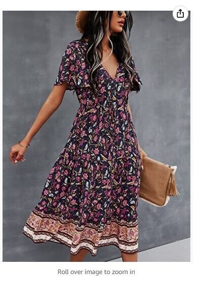 TEMOFON Women's Dress Summer Bohemian Floral Printed V-Neck Beach Maxi Dresses L