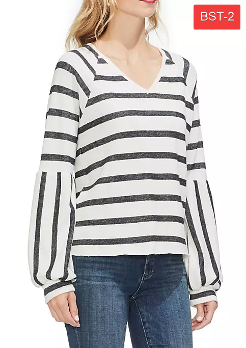 Two by Vince Camuto Wide Stripe Knit Bubble Sleeve V-Neck Top Antiq White SZ XS