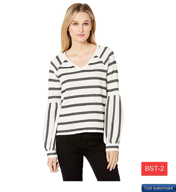 Two by Vince Camuto Wide Stripe Knit Bubble Sleeve V-Neck Top Antiq White SZ XS