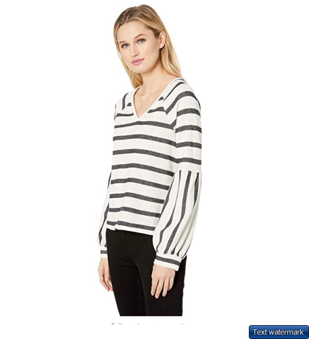 Two by Vince Camuto Wide Stripe Knit Bubble Sleeve V-Neck Top Antiq White SZ XS