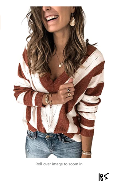 Asvivid Womens Comfy Striped V Neck Pullover Sweater Soft knitted Jumpers XXL