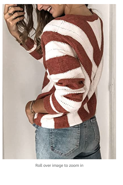Asvivid Womens Comfy Striped V Neck Pullover Sweater Soft knitted Jumpers XXL