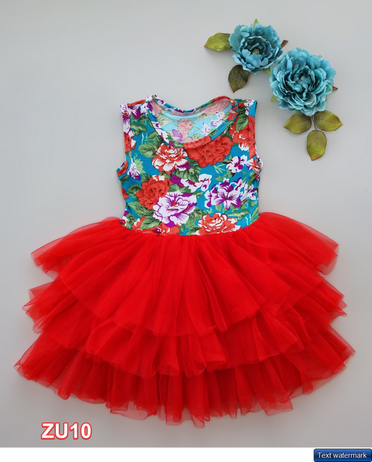 Whitney Elizabeth | Red & Blue Floral Tutu Sleeveless Dress 5-6 years
