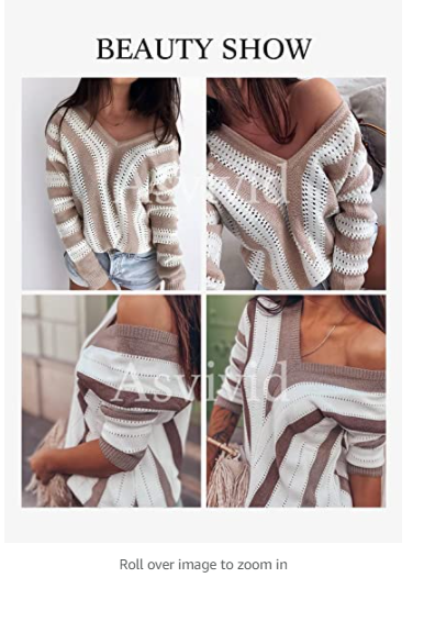 Asvivid Womens Comfy Striped V Neck Pullover Sweater Soft knitted Jumpers XXL