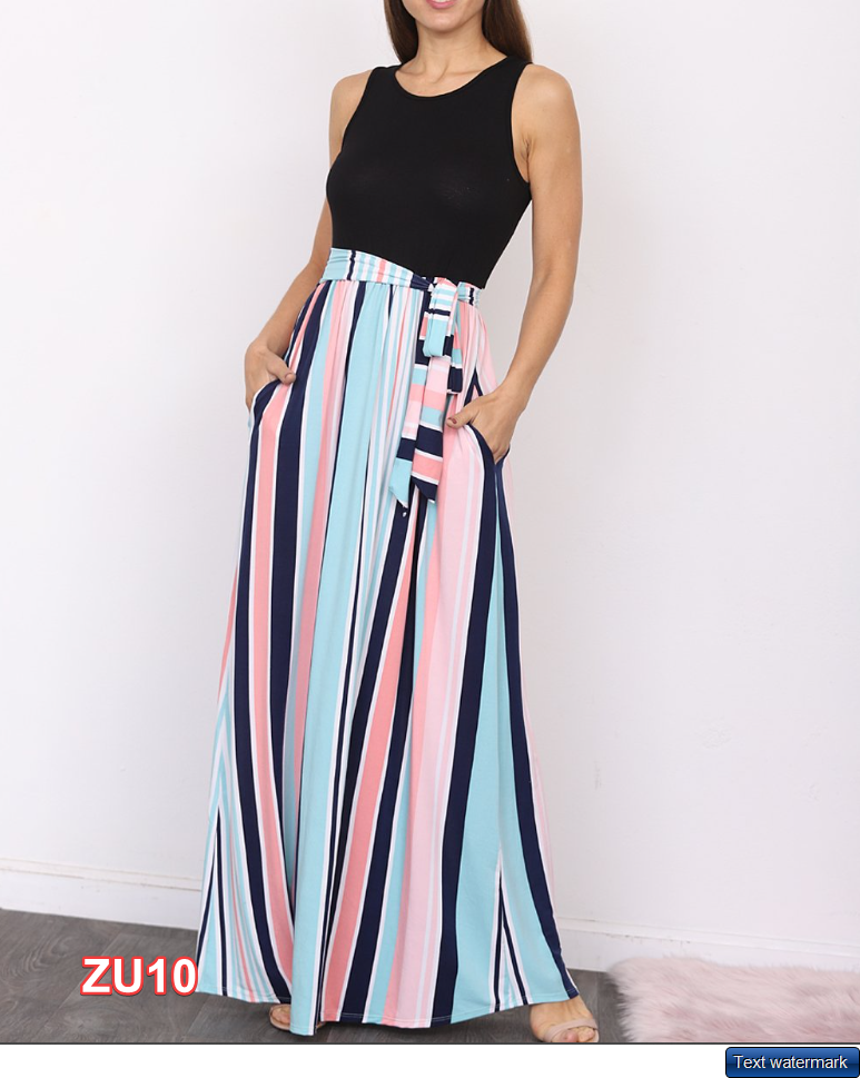 egs by éloges | Blue & Pink Stripe Tie-Waist Pocket Maxi Dress Small