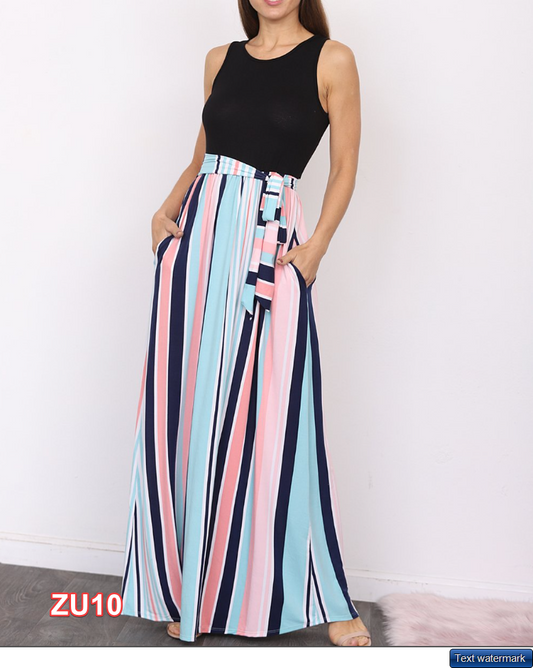 egs by éloges | Blue & Pink Stripe Tie-Waist Pocket Maxi Dress Small