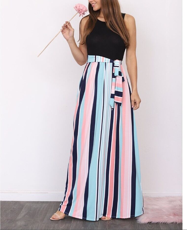 egs by éloges | Blue & Pink Stripe Tie-Waist Pocket Maxi Dress Small