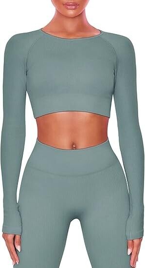 Buttergene Women Workout Sets 2 Pieces Long Sleeve Yoga Outfits Gym Clothes, M