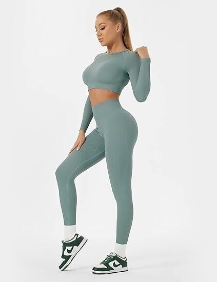 Buttergene Women Workout Sets 2 Pieces Long Sleeve Yoga Outfits Gym Clothes, M