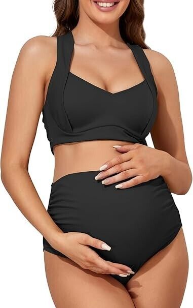 Summer Mae Maternity Two Piece Ruched Bikini Set High Wasited Bathing Swimsuit M