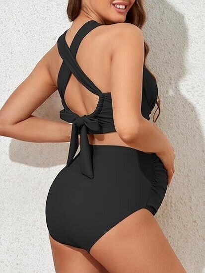 Summer Mae Maternity Two Piece Ruched Bikini Set High Wasited Bathing Swimsuit M