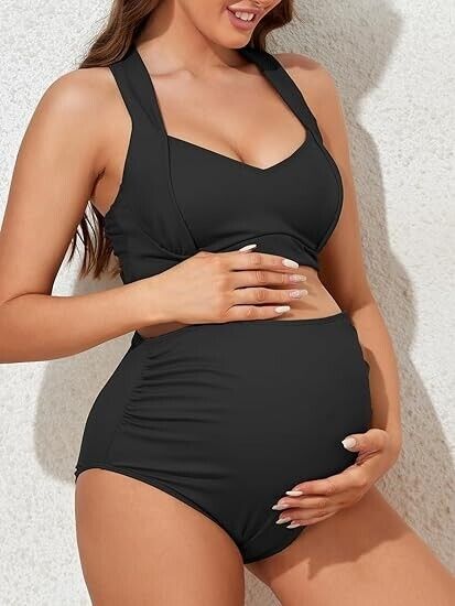 Summer Mae Maternity Two Piece Ruched Bikini Set High Wasited Bathing Swimsuit M