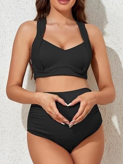 Summer Mae Maternity Two Piece Ruched Bikini Set High Wasited Bathing Swimsuit M
