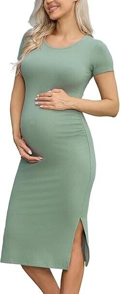 Ecavus Women's Rib Knit Split Maternity Dresses Short Sleeve Baby Shower Dress M