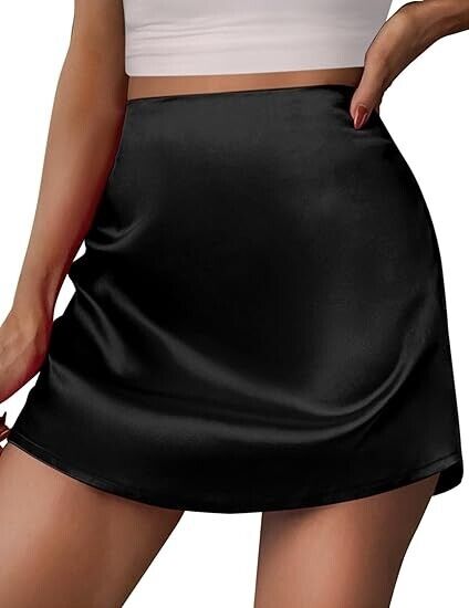 Zeagoo Women Y2k Mini Skirt Staini Silk High Waisted Zipper Beige Skirt Black XL