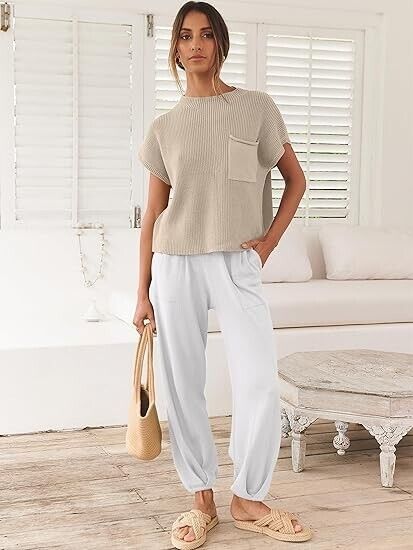 ANRABESS Women Two Piece Outfits Knit Sweater Pullover Crop Top & Pants Set, XL
