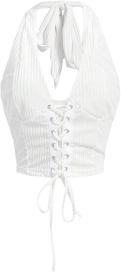 Verdusa Women's Sleeveless Halter Neck Lace Up Front Tie Back Crop Top, White, M