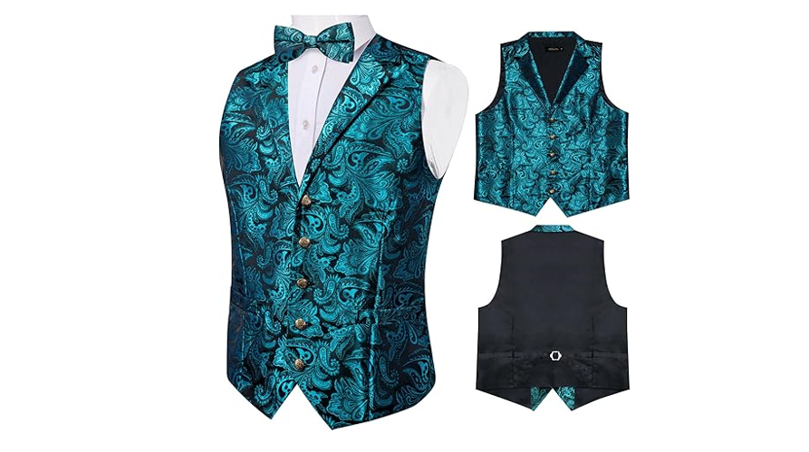 DiBanGu Mens Paisley Suit Vest Turquoise Vest for Men Silk Waistcoat Pretied,3XL