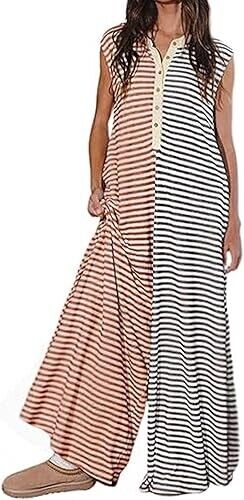 CHARTOU Loose Striped Wide Leg Jumpsuit Womens Summer Romper Flowy Pants, Medium