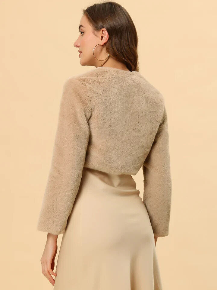 Allegra K Faux Fur Evening Open Front Bolero Cropped Jacket Shrug, Khaki, Large